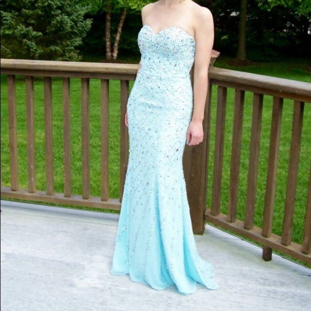 Aqua Blue Rhinestone Prom Dress